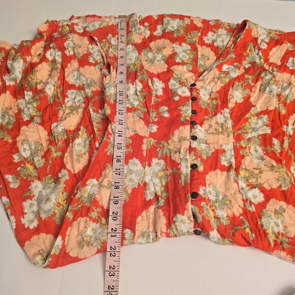 Urban Outfitters Coral Floral Babydoll Midi Dress V-Neck Cap Sleeve Button Sz XS - Picture 9 of 11